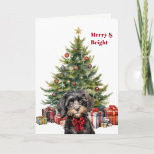 Red Bow Cavapoo Dog Christmas Tree Card
