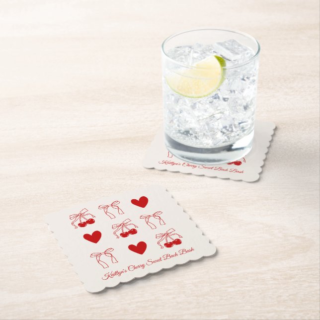 Red Bow Cherry Sweet Bachelorette Party Paper Coaster (Insitu)
