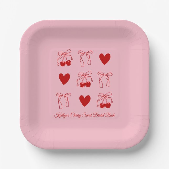 Red Bow Cherry Sweet Bridal Shower Paper Plates (Front)