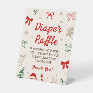 Red Bow Christmas Baby Shower Diaper Raffle Game Pedestal Sign