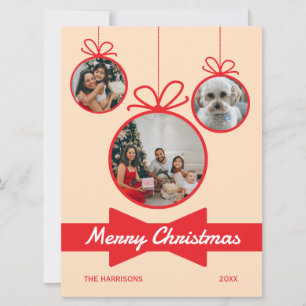 Red Bow Christmas Ball Three Photos Holiday Card