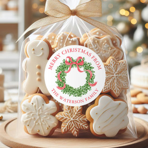 Red Bow Christmas Boxwood Wreath Gift Classic Round Sticker