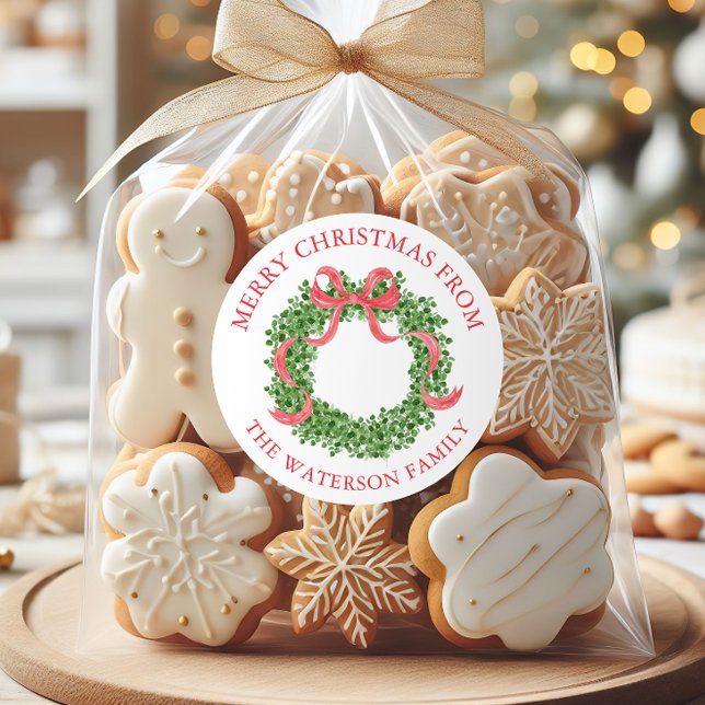 Red Bow Christmas Boxwood Wreath Gift Classic Round Sticker (Creator Uploaded)