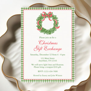 Red Bow Christmas Boxwood Wreath Party Invitation