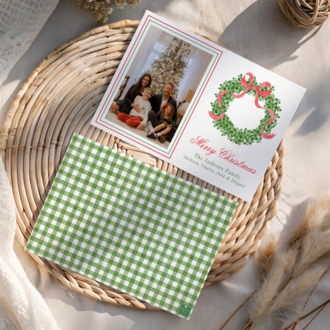 Red Bow Christmas Boxwood Wreath Photo Holiday Card (Creator Uploaded)