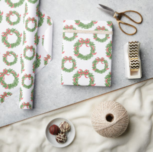 Red Bow Christmas Boxwood Wreath Wrapping Paper