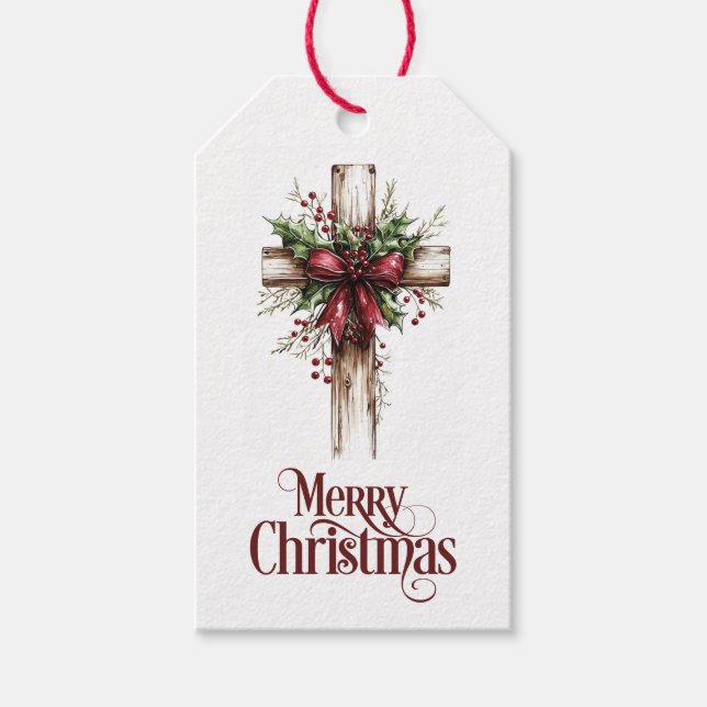 Red Bow Christmas Cross Gift Tags (Front)