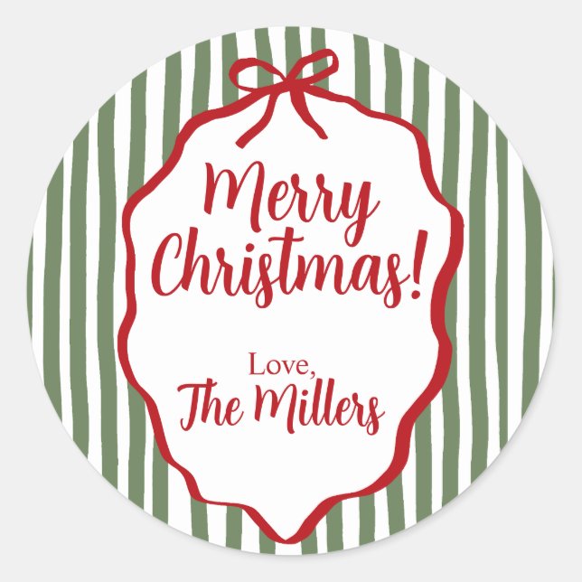Red Bow Christmas, Green Stripe Custom Classic Round Sticker (Front)