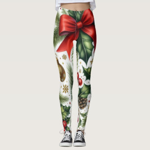 Red Bow Christmas Pattern on White  Leggings