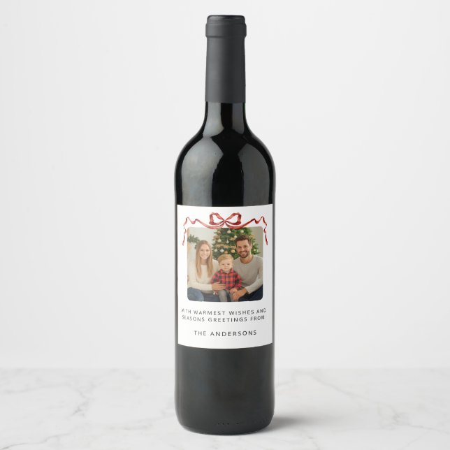 Red Bow Christmas Photo Wine Label (Front)