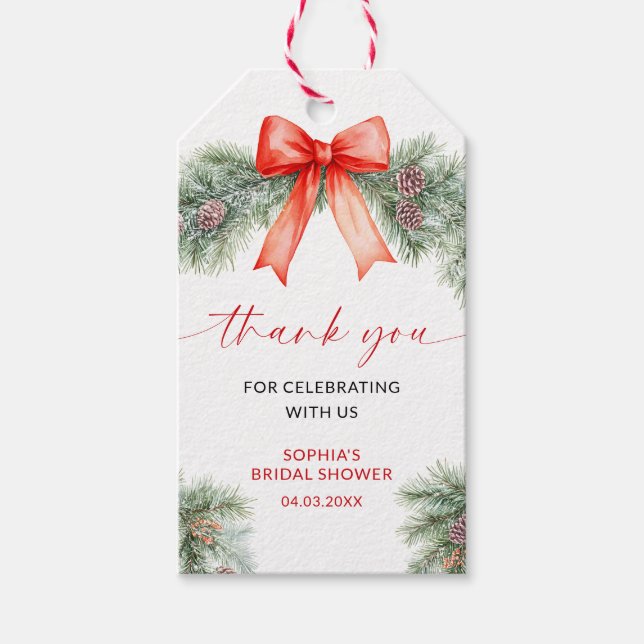 Red Bow Christmas Shower Favor Gift Tag (Front)