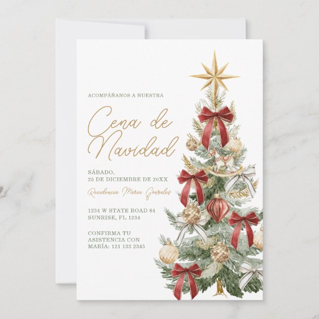 Red Bow Christmas Tree Cena De Navidad Dinner Invitation (Front)