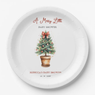 Red Bow Christmas Tree Merry Little Baby Shower Paper Plate