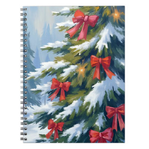 Red Bow Christmas Tree Watercolor Painting Notebook