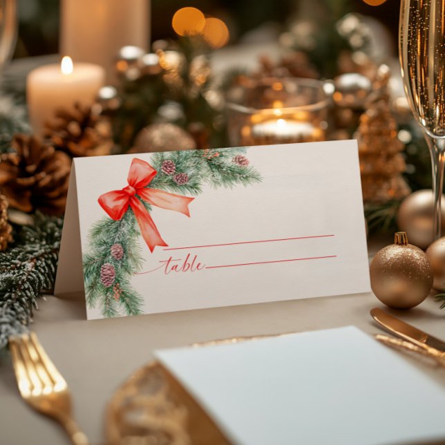 Red Bow Christmas Wedding  Place Card (Creator Uploaded)