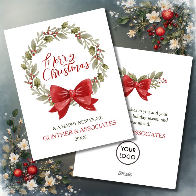 Red Bow Christmas Wreath Corporate Greeting Holiday Card (Creator Uploaded)
