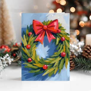 Red Bow Christmas Wreath Watercolor Holiday Card