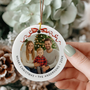 Red Bow Circle Christmas Photo Ceramic Tree Decoration