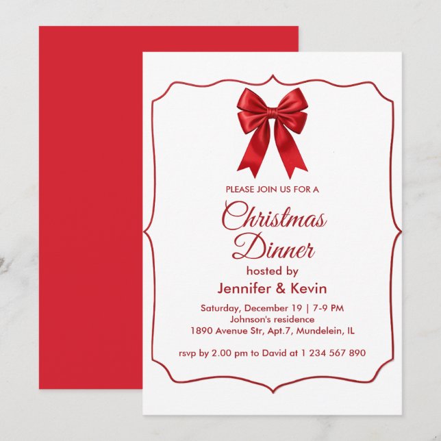 Red Bow Classic Traditional Christmas Dinner  Holiday Card (Front/Back)