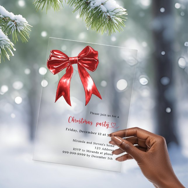 Red bow clear Christmas Party Acrylic Invitations (Creator Uploaded)