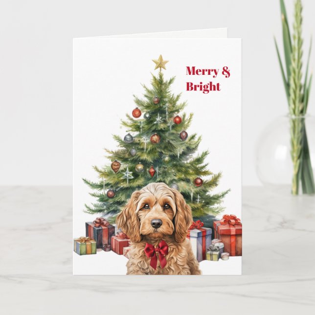 Red Bow Cockapoo Dog Christmas Tree Card (Front)