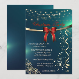 Red Bow,Confetti,Green Company Christmas Party Invitation