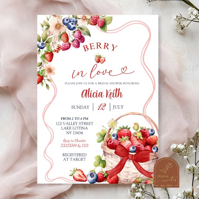 Red Bow Coquette Berry in Love Bridal Shower Invitation (Creator Uploaded)