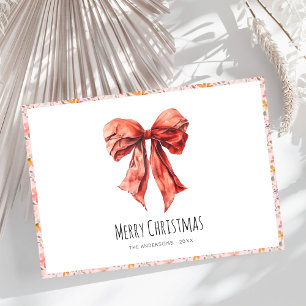 Red Bow Coquette Elegant Floral Christmas Holiday Card