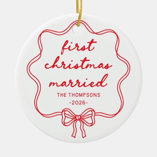 Red Bow Coquette First Christmas Married Ceramic Tree Decoration (Front)