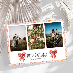 Red Bow Coquette Floral Christmas Photo Collage Holiday Card