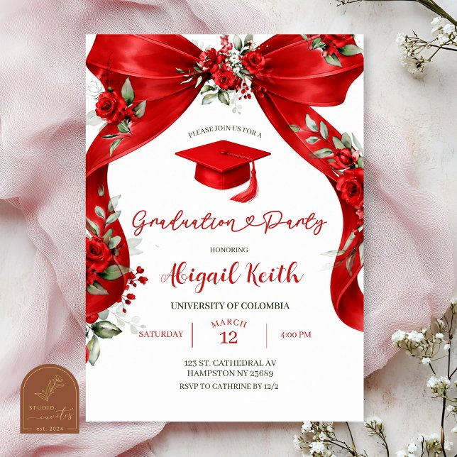 Red Bow Coquette Graduation Party with photo Invitation (Creator Uploaded)