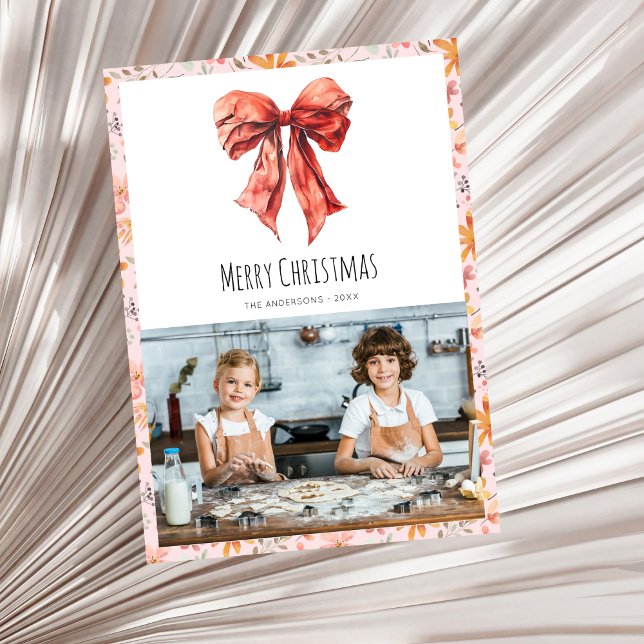 Red Bow Coquette Minimal Photo Christmas  Holiday Card (Creator Uploaded)