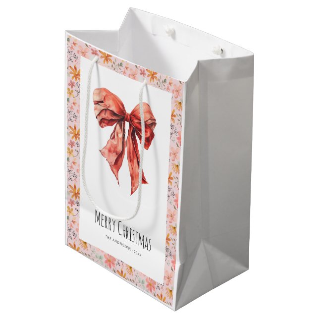 Red Bow Coquette Minimalist Christmas  Medium Gift Bag (Front Angled)