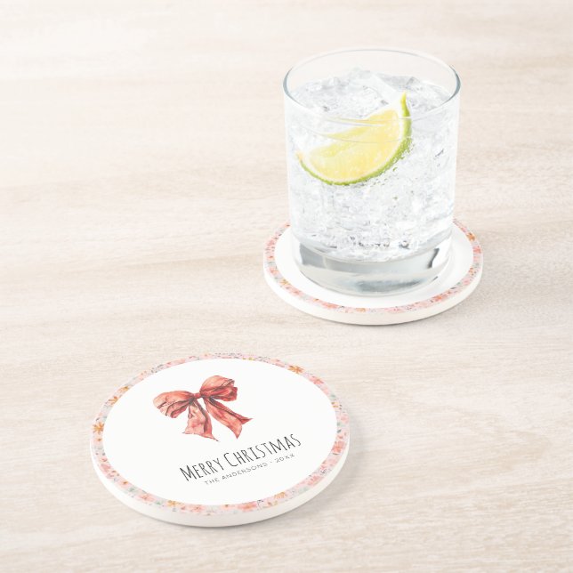 Red Bow Coquette Modern Floral Christmas  Coaster (Side)