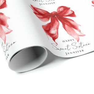 Red Bow Coquette Script Sweet 16 Party Wrapping Paper