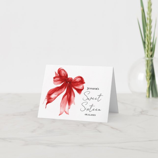 Red Bow Coquette Script Sweet 16 Thank You  Card (Front)