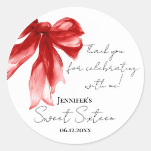Red Bow Coquette Script Sweet 16 Thank You Classic Round Sticker
