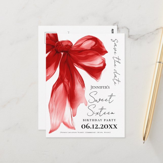 Red Bow Coquette Sweet 16 Save the Date  Postcard (Front/Back In Situ)