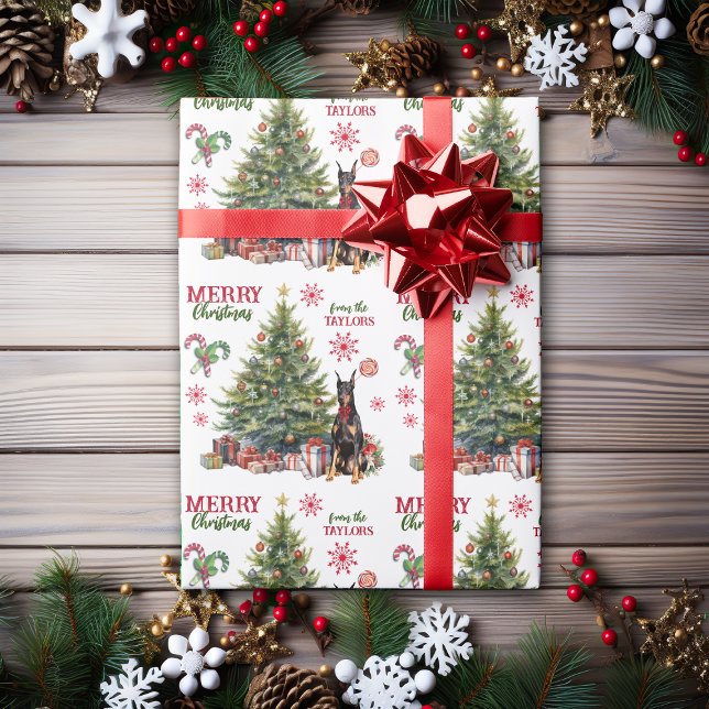 Red Bow Doberman Pinscher Dog Holiday Tree Wrapping Paper (Creator Uploaded)