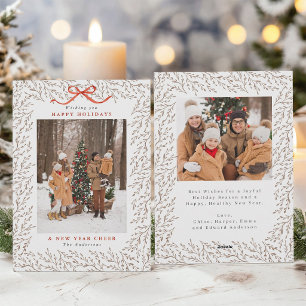 Red Bow Elegant Botanical Christmas 2 Photo Holiday Card