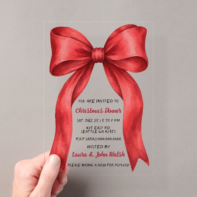 Red Bow Festive Christmas Holiday Party Acrylic Invitations (Insitu (Handheld))