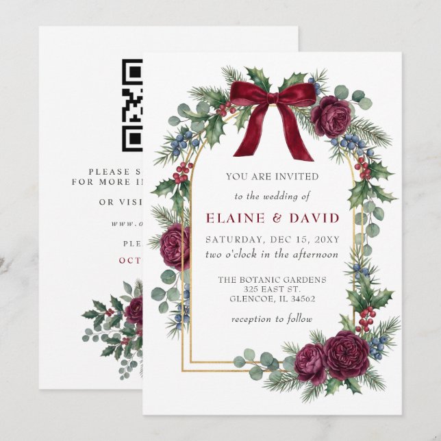 Red Bow Floral Arch Christmas Wedding QR Code Invitation (Front/Back)