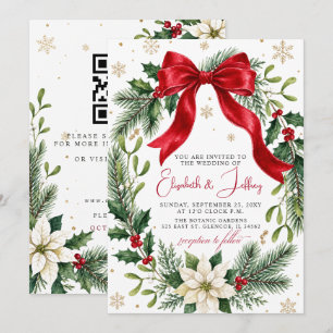 Red Bow Floral Christmas Wreath QR Code Wedding Invitation