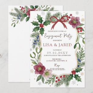 Red Bow Floral Winter Christmas Engagement Party  Invitation
