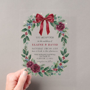 Red Bow Floral Winter Christmas Wedding Acrylic Invitations