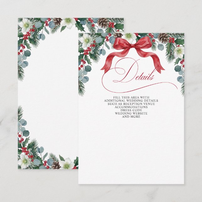 Red Bow Floral Winter Christmas Wedding Enclosure Card (Front/Back)