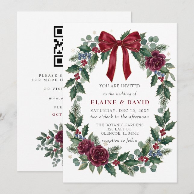 Red Bow Floral Winter Christmas Wedding QR Code Invitation (Front/Back)