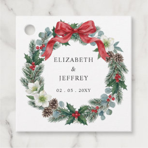 Red Bow Floral Winter Christmas Wreath Wedding Favour Tags