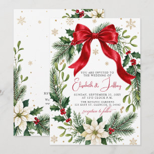 Red Bow Floral Winter Christmas Wreath Wedding Invitation