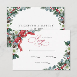 Red Bow Floral Winter Christmas Wreath Wedding RSVP Card